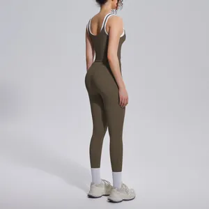 Detailed back view of a brown ribbed high-waisted yoga set for outdoor fitness.