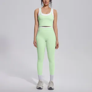 Full view of mint green ribbed yoga set featuring high waist leggings and sports bra