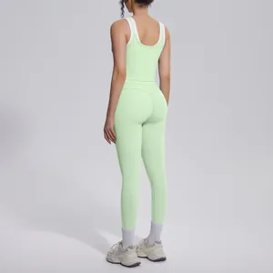 Detailed back view of a light green high-waist yoga set showing the seamless naked-feel fit