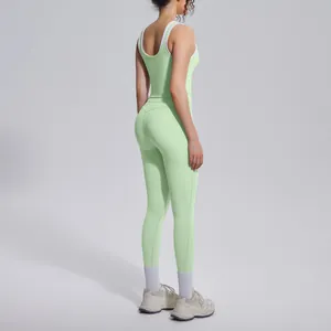 Side view of light green ribbed high-waist yoga set with double-layered straps.
