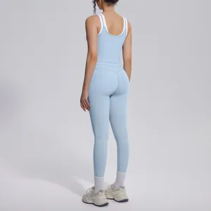 Rear view detail of light blue high waisted nude feel yoga set with matching leggings