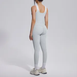 Rear view of a light gray high-waisted yoga set, perfect for fitness and gym wear.