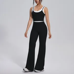 Black and white color-block ribbed yoga set with high waist flared leggings