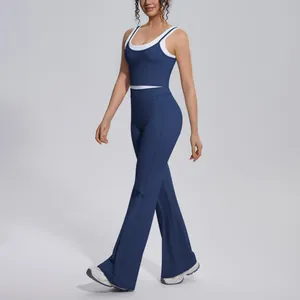 Navy blue color-block yoga set with high-waisted flared pants for fitness and outdoor sports