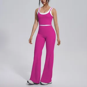 Two-piece ribbed yoga set with contrast crop top and high-waist flared leggings