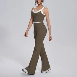 Two-piece contrast yoga set featuring high-waisted flare pants and a layered tank top