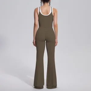 Back view of high-waist flared yoga pants and contrast tank top set for fitness