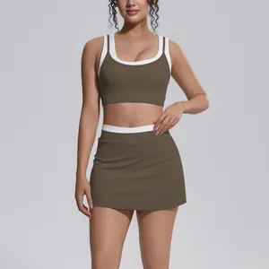 Two-piece ribbed yoga set with contrast trim tank top and high-waist mini skirt
