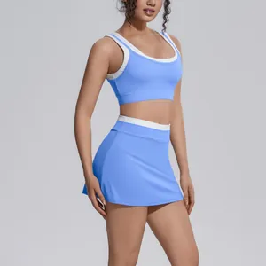 Professional two-piece women's blue and white color block high-waist yoga tennis skirt set