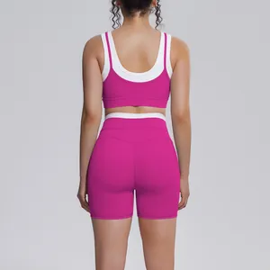 Back view of fuchsia and white high-waisted yoga set for outdoor fitness