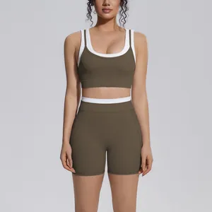 Women Athletic Yoga Set Color Block Sleeveless Sports Bra Top And High Waist Tight Shorts Running Fitness Activewear