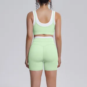 Detailed back view of light green contrast rib high-waist yoga set for fitness