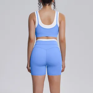 Back view of a stylish blue and white ribbed high-waisted yoga set for women's fitness