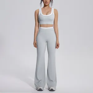 High-waist flared yoga set with color-blocking sports bra and naked-feel gray leggings