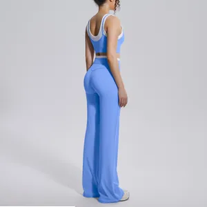 High waist sky blue colorblock yoga set with sports bra and flared wide leg fitness pants
