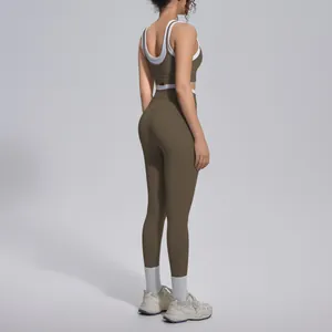 Rear side view of premium olive brown ribbed yoga set with white trim for fitness activities