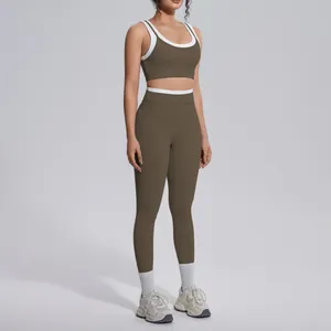 Sporty two-piece yoga set for women featuring contrast trim and high-waisted leggings
