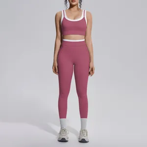 Full-body shot of a mauve yoga set with white trim, highlighting the high-waist fit and design.