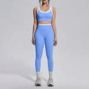 Full body view of a light blue color-block high-waisted yoga set on a female model.