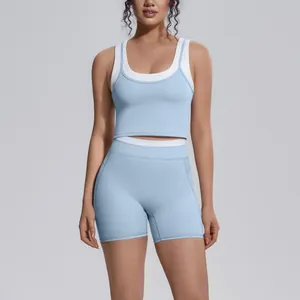 Light blue contrast color ribbed high waist yoga set with sports bra and shorts