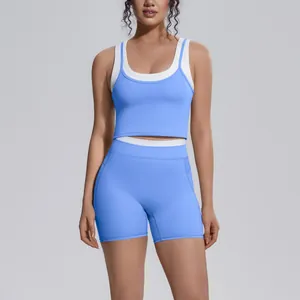 Two-piece contrast color yoga set with high waist shorts in light blue and white