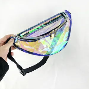 Detailed view of iridescent holographic waist bag made of transparent PVC material