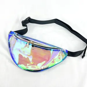 Detail view of holographic iridescent PVC fanny pack with gold zippers and black strap.