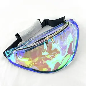 Macro detail view of holographic iridescent PVC waist bag featuring golden metal zippers.