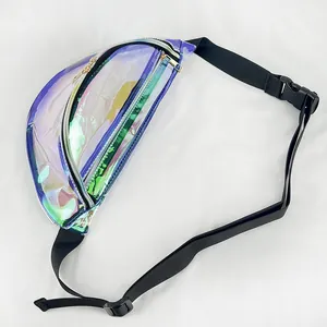 Macro detail view showing the iridescent holographic PVC texture of the trendy waist bag