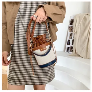 Women Fashion Patchwork Bucket Bag Vintage Canvas PU Leather Drawstring Shoulder Crossbody Bag for Everyday Travel Shopping