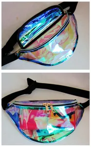 Holographic PVC fanny pack with iridescent neon finish and adjustable black strap