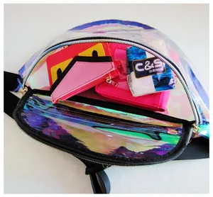 Internal detail view of holographic laser PVC waist bag showing its large storage capacity