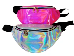Detailed view showcasing the holographic laser reflective finish on pink and silver fanny packs