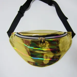 Detailed macro view of the holographic gold fanny pack featuring neon reflective surface