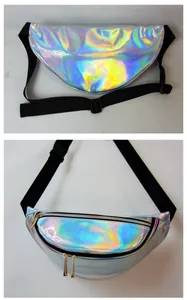 Iridescent holographic fanny pack with gold zippers and adjustable black strap detail
