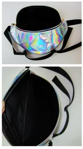 Detail view of holographic iridescent fanny pack showing exterior and black interior lining