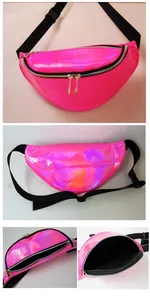 Detail view of neon pink holographic PVC fanny pack with black adjustable strap