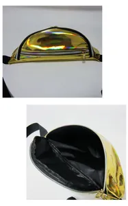 Detailed view of holographic gold waist bag showing exterior finish and interior compartment