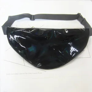 Close-up detail of black holographic waist bag showing shiny neon reflective PVC texture