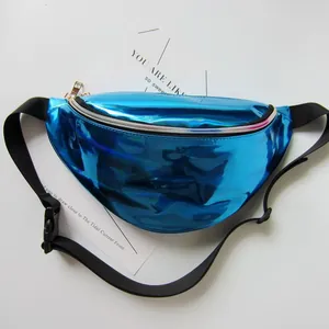 Close-up detail of the vibrant blue laser holographic finish on the sporty waist bag