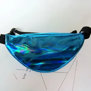 Close-up of blue holographic laser waist bag with vibrant neon reflective surface