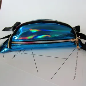 Detail view of blue holographic fanny pack showing iridescent reflective surface
