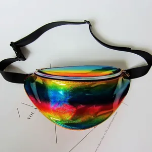 Detailed view of the vibrant holographic rainbow fanny pack with glossy PVC finish.