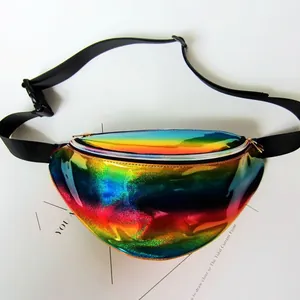 Close-up detail of a vibrant holographic laser waist bag with adjustable strap