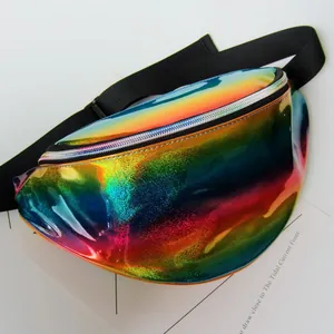 Detail shot of iridescent holographic fanny pack with vibrant rainbow metallic finish