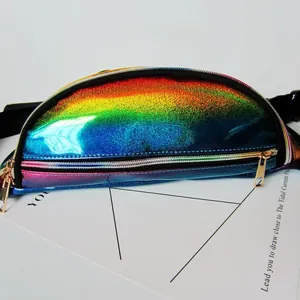 Macro detail of a holographic laser waist bag featuring a vibrant rainbow metallic finish