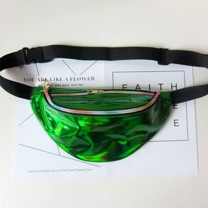 Macro detail of a vibrant neon green holographic fanny pack with colorful rainbow zipper