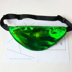 Close-up of shiny green holographic waist bag with adjustable black strap