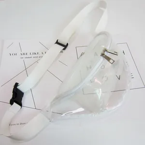 Detailed view of holographic transparent PVC fanny pack with white adjustable strap