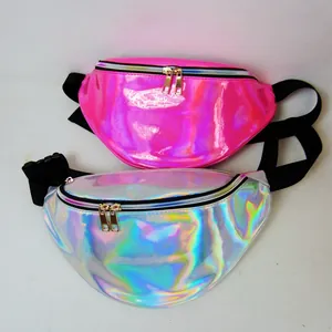 Pink and silver holographic laser fanny packs for women with reflective PVC finish